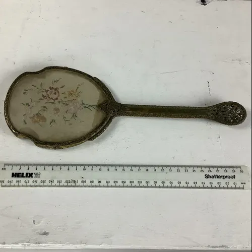 Period Brass Mirror with Embroidered Floral Pattern