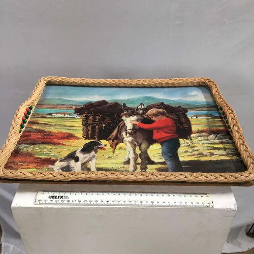Period Rural Scene Serving Tray with Woven Edge and Beaded Handle
