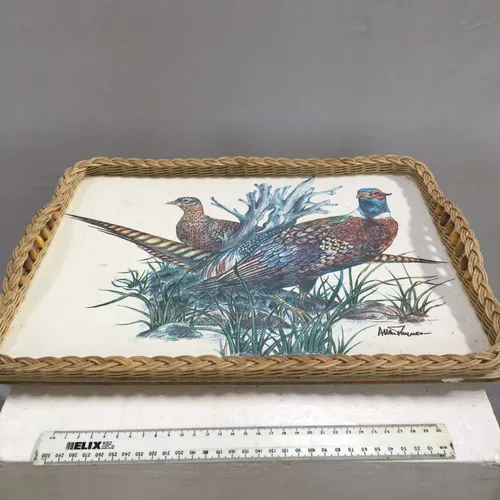 Period Pheasant Bird Print Serving Tray with Woven Edge and Beaded Handle