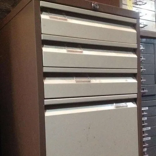 Brown and Cream Metal Bisley 4 Drawer Half Sized Filing Cabinet Period