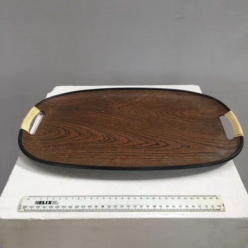 Oval Wood with Black Trim Tray with Cream Handles