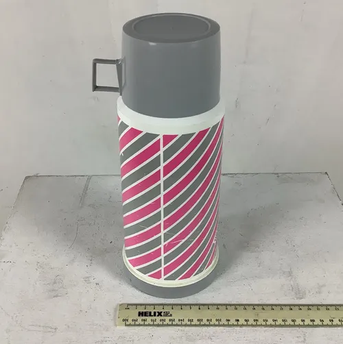 Grey White and Pink  Striped Thermos Flask