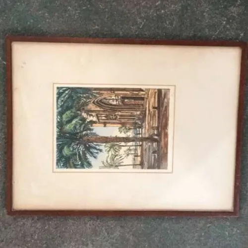 Palm trees and cathedral painting with cream mount and plain wood frame