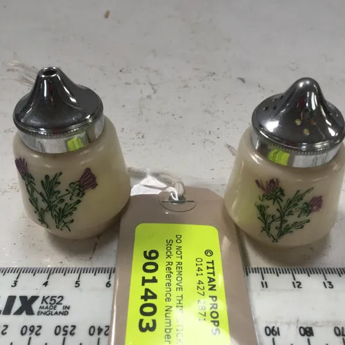 Cream salt and pepper shaker set with thistle decoration