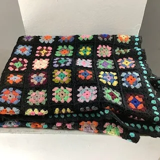 Black with Coloured Floral Design Crochet Wool Blanket
