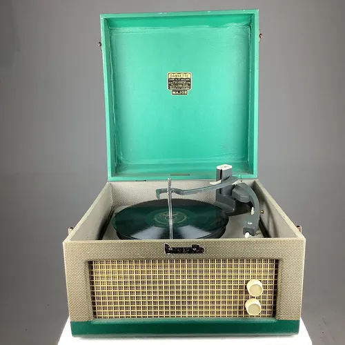 Period Dansette record player unit green and brown