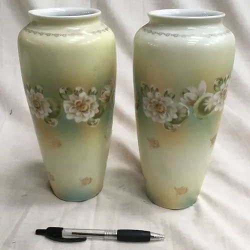 Pair pale yellow ceramic vases with flower design