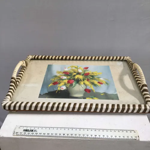Period Glass Top Serving Tray with Flowers in Vase Photo and Gold White Vinyl Stripe Edge