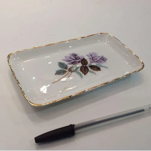 rectangle white ceramic dish with purple floral design and gold trim