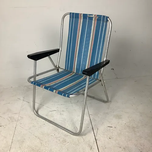 Blue White and Red Striped Silver Frame Folding Deck Chair