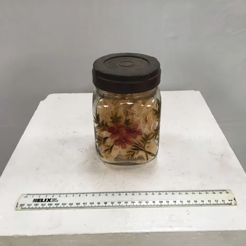 Period Glass Storage Jar with Floral Print and Brown Lid