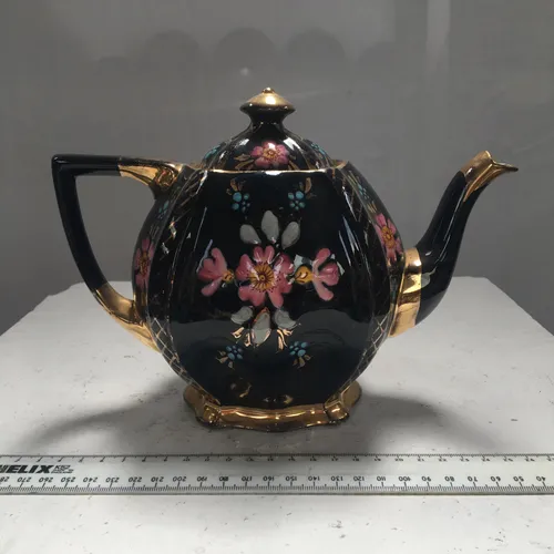 Black Glazed Teapot with Painted Floral Design and Gold Trim