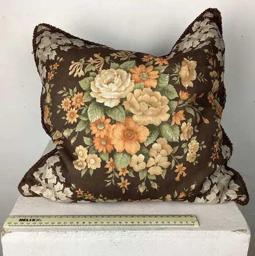 Brown Cushion with Orange and Cream Floral Pattern (3 available)