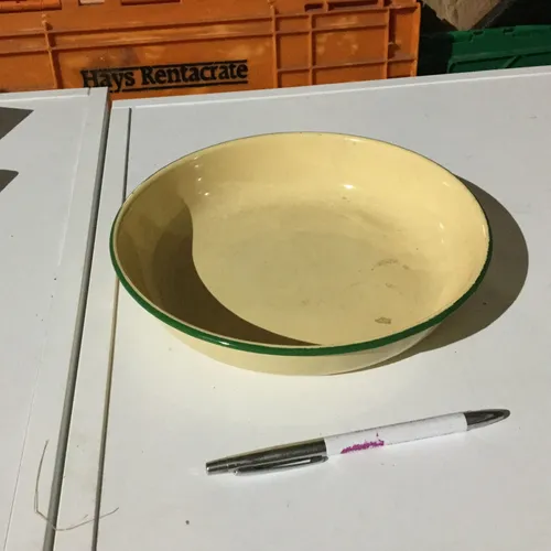 Period Cream with Green Trim Enamel Bowl / Cooking Tin