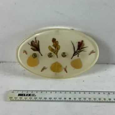Small White Oval 4 Hook Rack with Pressed Flowers