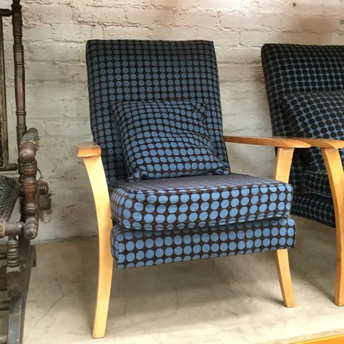 Black with Blue Polka Dots Wood Frame Armchair with Matching Cushion