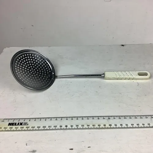 Straining Spoon with White Plastic Handle