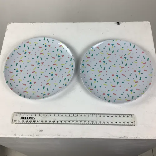 White Pink Yellow and Blue Shape Patterned Plastic  Plate (2 available)