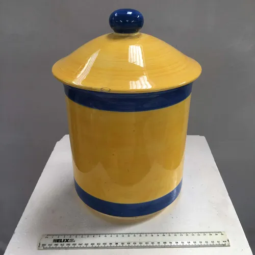 Large Yellow with Blue Stripe Ceramic Jar Storage Pot