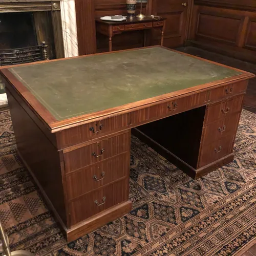 Victorian Oak Partners Desk with Green Leather Top