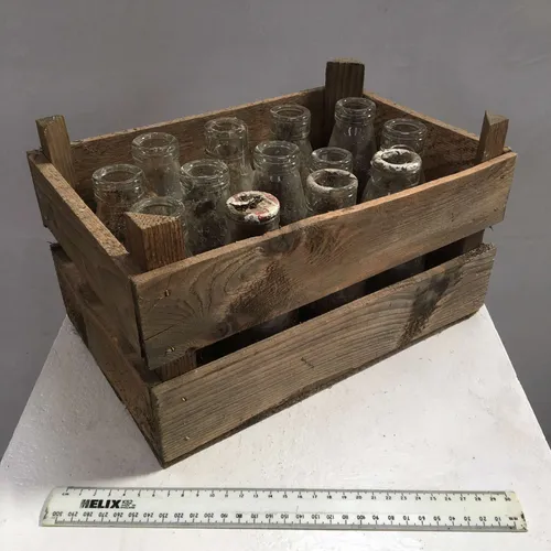 Period Small Wood Crate with Aged Milk Bottles