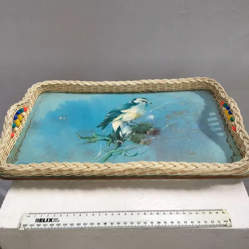 Period Blue Bird Print Serving Tray with Woven Edge and Beaded Handle