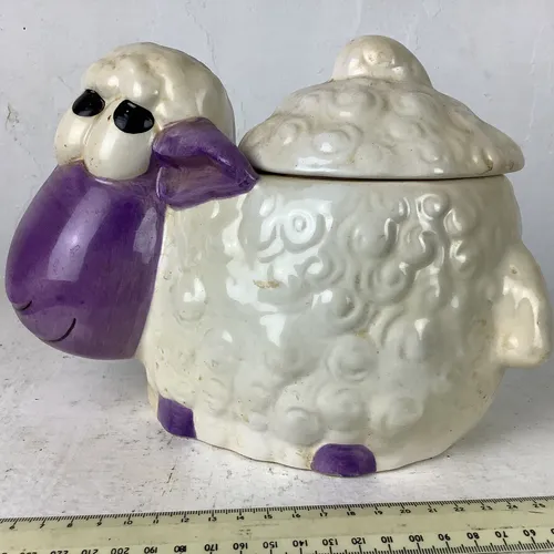 White and Purple Ceramic Sheep Cookie Jar