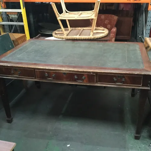 Period Wood Desk Table with Green Leather Top
