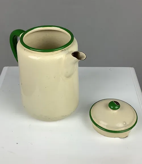 Cream and Green Metal Tea Pot