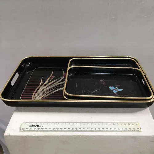 Set of 3 Black with Gold Trim and Floral Print Japanese Lacquerware Nesting Serving Trays