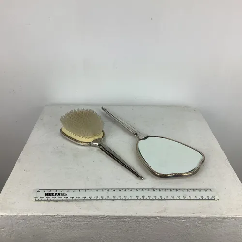 Hairbrush and Mirror Set with Silver Floral Decoration 