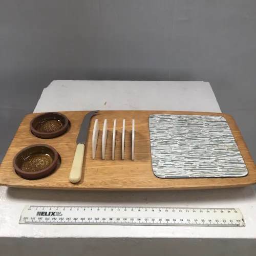 Cheese Board with Knife and Ceramic Pots
