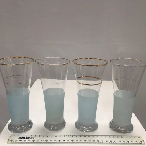 Set of 4 blue frosted cocktail glass with gold rings