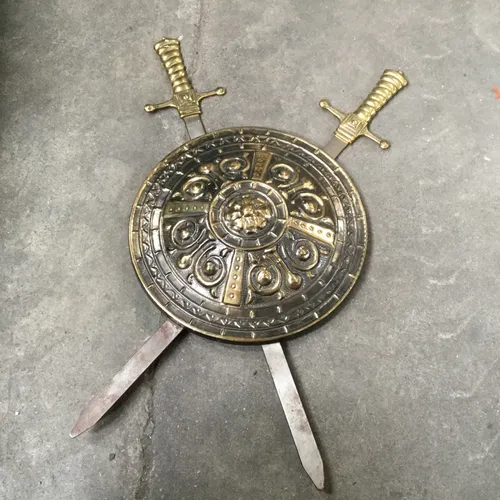 Period Brass Wall Mount Sword and Shield Display