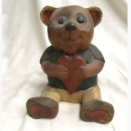Wood Teddy Bear holding Love Heart
