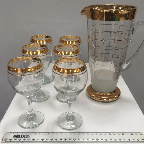  jug with 6 glass, gold rims and design cocktail set