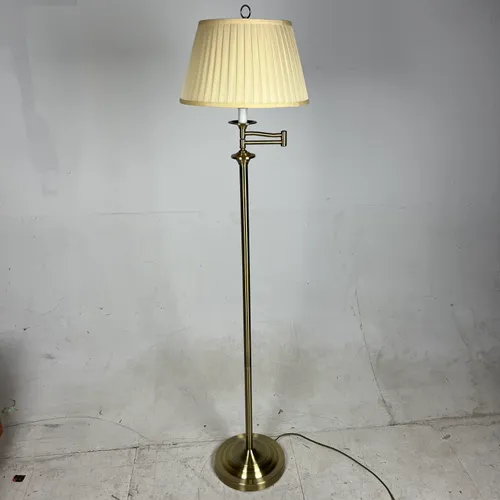 Brass Swing Arm Floor Lamp with Cream Shade