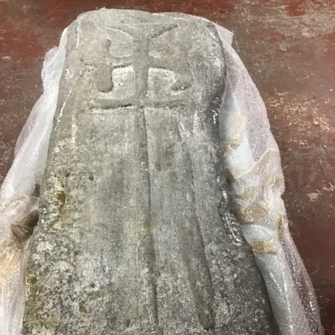Tall Fake Celtic Gravestone (Light stone with embossed sword) 