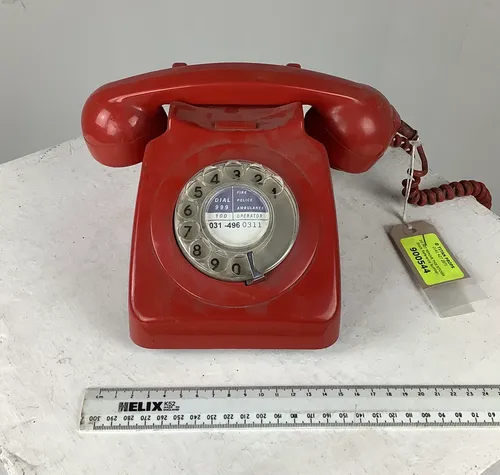 red BT GPO corded rotary dial telephone