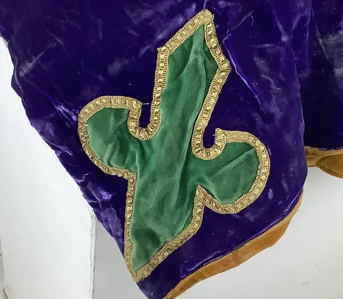 Pair of Gold Velvet Curtains with Purple Border and Green Patch Curtain