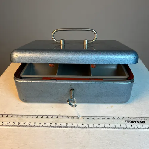 Vintage blue metal cash box with key