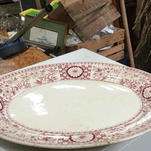 White with Red Patterned Rim Oval Serving Plate / Platter