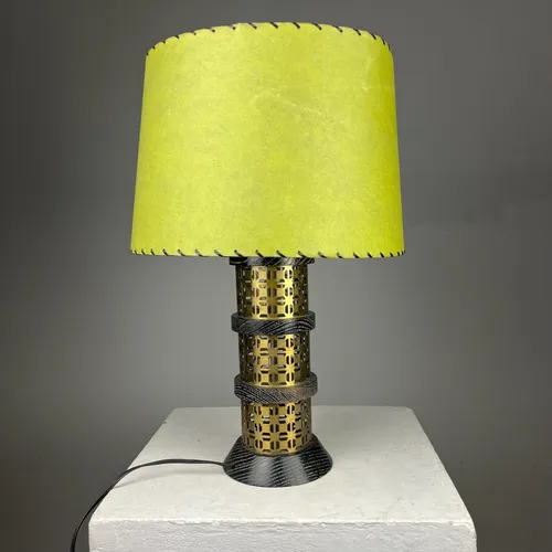 Mid Century Style Pierced Gold Metal Lamp with Lime Green Shade