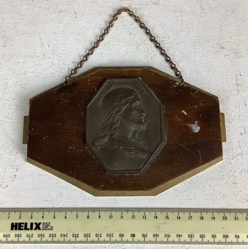 Religious Wood and Brass Wall Hanging Plaque