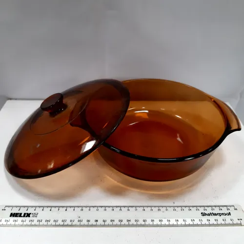 Brown glass casserole dish with lid