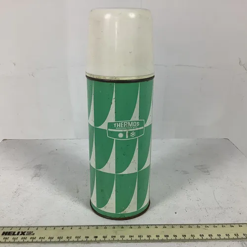 Period Green and White Thermos Flask with White Cup
