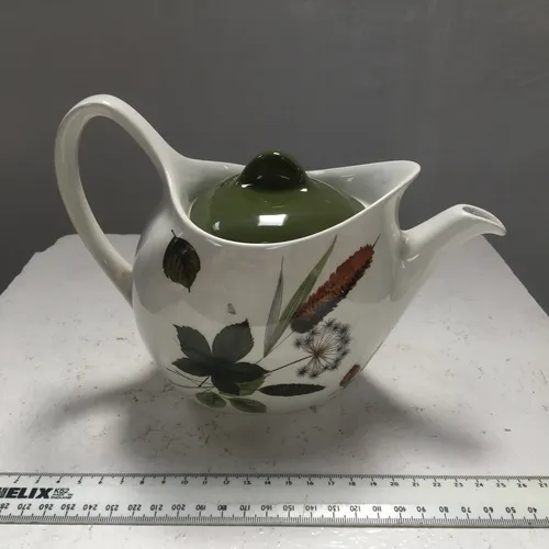 Cream Teapot with Leaf Print and Green Lid