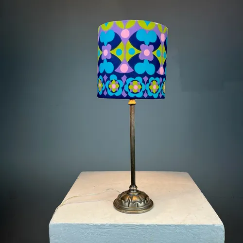 Brass Stick Table Lamp with Blue/Purple/Green Retro Shade
