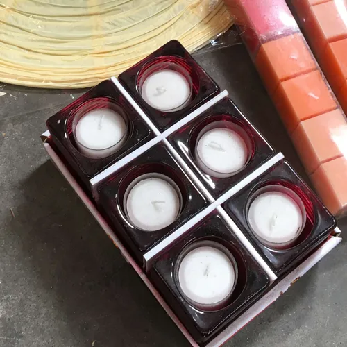 Set of 6 Candles in Red Glass Holders