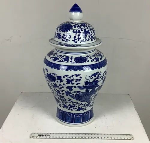 Blue and White Ceramic China Vase with Lid an Floral Dragon Print Design